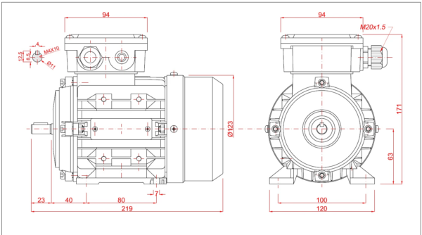 Dimensiuni motor electric trifazat 0.12kW 1400rpm Ax 11mm IEC 63 B3