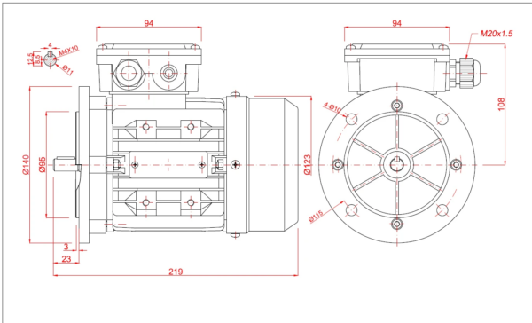 Dimensiuni motor electric trifazat 0.18kW 1400rpm Ax 11mm IEC 63 B5