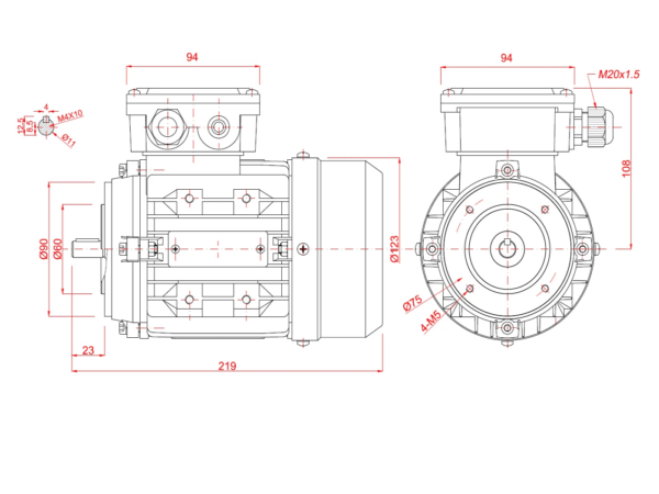 Dimensiuni motor electric trifazat 0.18kW 3000rpm Ax 11mm IEC 63 B14