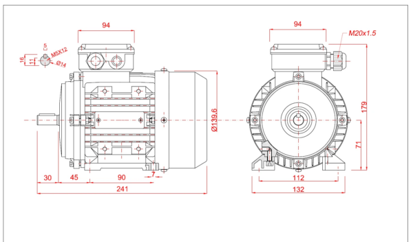Dimensiuni motor electric trifazat 0.25kW 1400rpm Ax 14mm IEC 71 B3