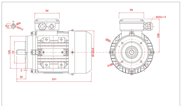 Dimensiuni motor electric trifazat 0.37kW 3000rpm Ax 14mm IEC 71 B14