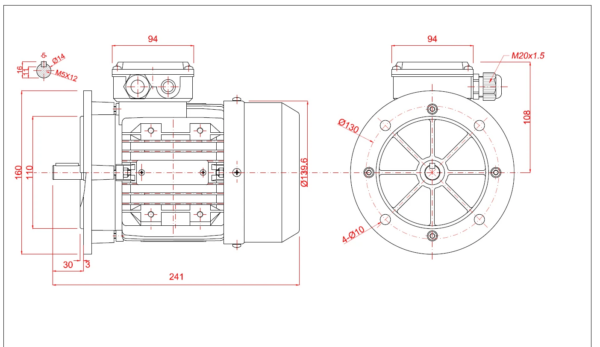 Dimensiuni motor electric trifazat 0.37kW 3000rpm Ax 14mm IEC 71 B5