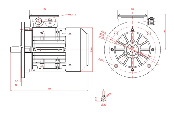 Dimensiuni motor electric trifazat 0.75kW 1400rpm Ax 19mm IEC 80 B5