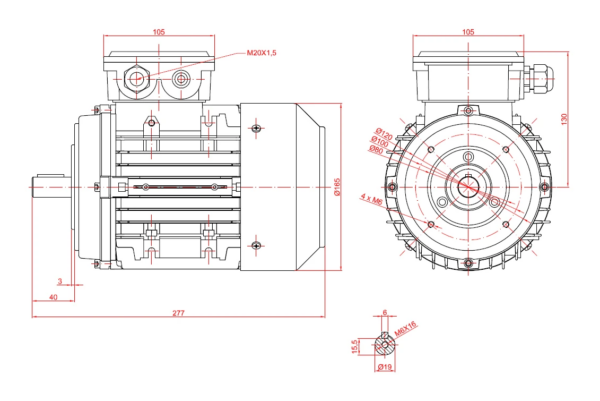 Dimensiuni motor electric trifazat 0.75kW 3000rpm Ax 19mm IEC 80 B14