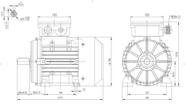 Dimensiuni motor electric trifazat 1.1kW 1400rpm Ax 19mm IEC 80 B3