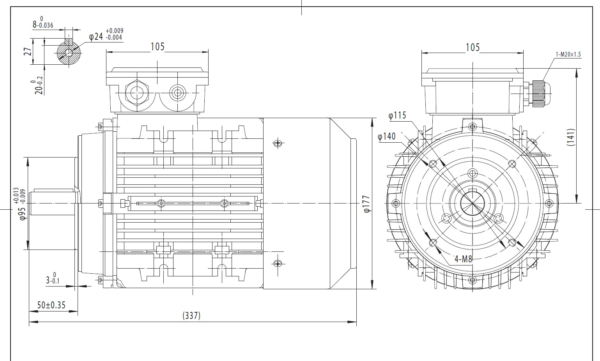 Dimensiuni motor electric trifazat 1.5kW 1400rpm Ax 24mm IEC 90 B14