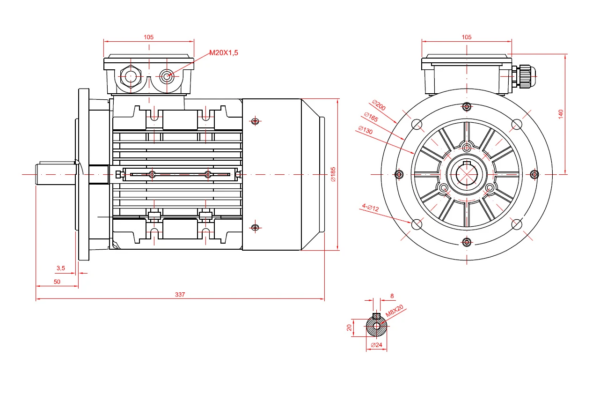 Dimensiuni motor electric trifazat 1.5kW 1400rpm Ax 24mm IEC 90 B5