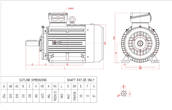 Dimensiuni motor electric trifazat 11kW 3000rpm Ax 42mm IEC 160 B3