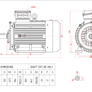 Dimensiuni motor electric trifazat 18.5kW 3000rpm Ax 42mm IEC 160 B3
