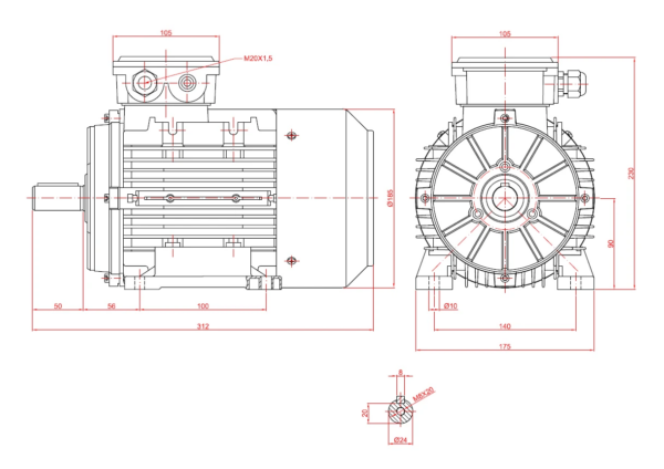 Dimensiuni motor electric trifazat 2.2kW 3000rpm Ax 24mm IEC 90 B3