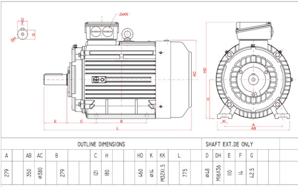 Dimensiuni motor electric trifazat 22kW 1400rpm Ax 48mm IEC 180 B3