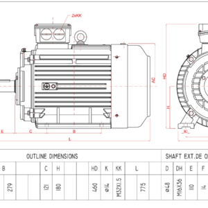 Dimensiuni motor electric trifazat 22kW 3000rpm Ax 48mm IEC 180 B3
