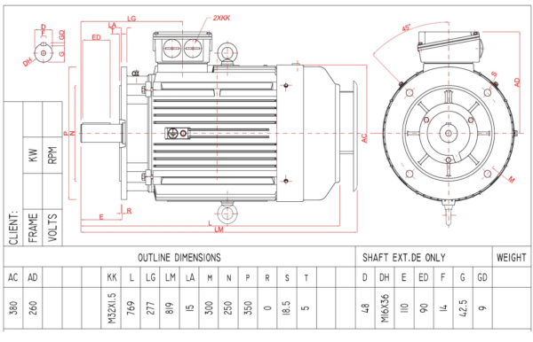 Dimensiuni motor electric trifazat 22kW 3000rpm Ax 48mm IEC 180 B5