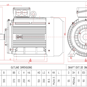 Dimensiuni motor electric trifazat 30kW 1400rpm Ax 55mm IEC 200 B3