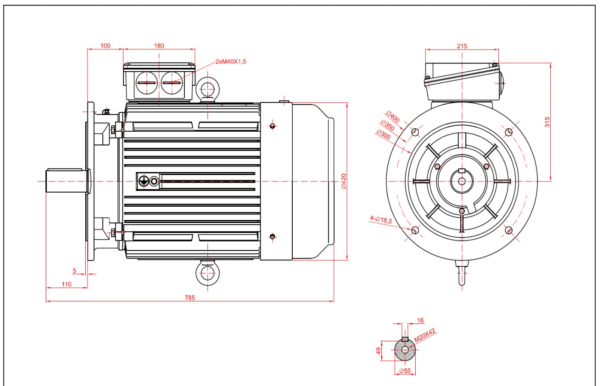Dimensiuni motor electric trifazat 30kW 1400rpm Ax 55mm IEC 200 B5