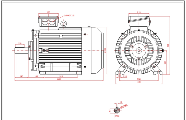 Dimensiuni motor electric trifazat 37kW 1400rpm Ax 60mm IEC 225 B3
