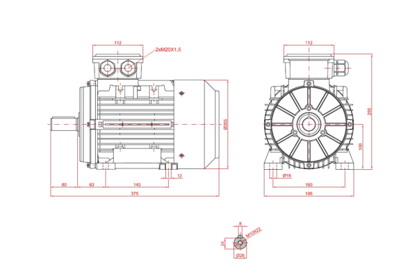 Dimensiuni motor electric trifazat 3kW 1400rpm Ax 28mm IEC 100 B3