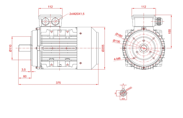 Dimensiuni motor electric trifazat 3kW 3000rpm Ax 28mm IEC 100 B14