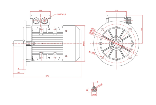 Dimensiuni motor electric trifazat 3kW 3000rpm Ax 28mm IEC 100 B5