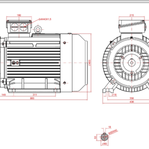 Dimensiuni motor electric trifazat 45kW 1400rpm Ax 60mm IEC 225 B3