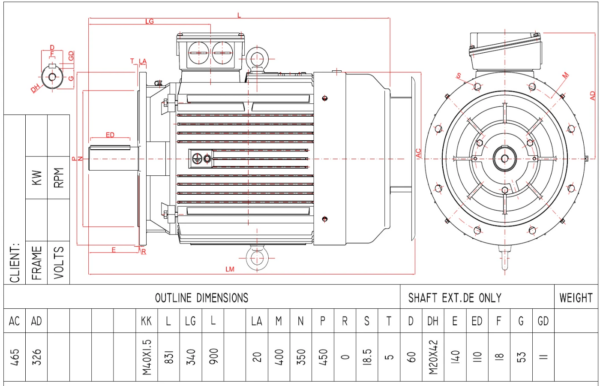 Dimensiuni motor electric trifazat 45kW 1400rpm Ax 60mm IEC 225 B5