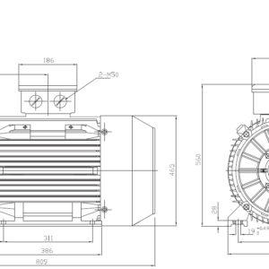 Dimensiuni motor electric trifazat 45kW 3000rpm Ax 55mm IEC 225 B3
