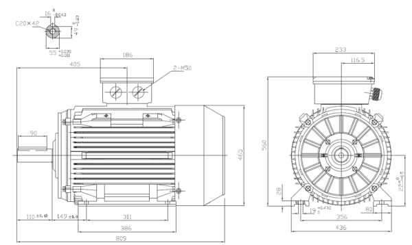 Dimensiuni motor electric trifazat 45kW 3000rpm Ax 55mm IEC 225 B3