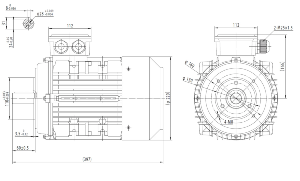 Dimensiuni motor electric trifazat 4kW 3000rpm Ax 28mm IEC 112 B14