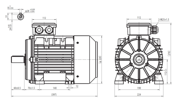 Dimensiuni motor electric trifazat 4kW 3000rpm Ax 28mm IEC 112 B3