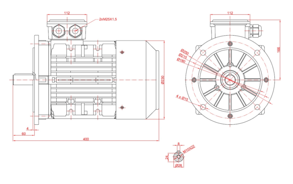 Dimensiuni motor electric trifazat 4kW 3000rpm Ax 28mm IEC 112 B5