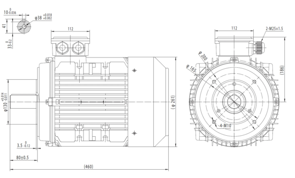 Dimensiuni motor electric trifazat 5.5kW 3000rpm Ax 38mm IEC 132 B14
