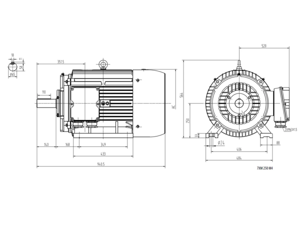Dimensiuni motor electric trifazat 55kW 1400rpm Ax 65mm IEC 250 B3