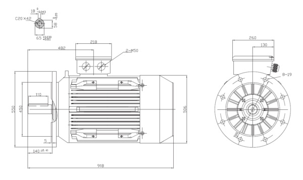 Dimensiuni motor electric trifazat 55kW 1400rpm Ax 65mm IEC 250 B5