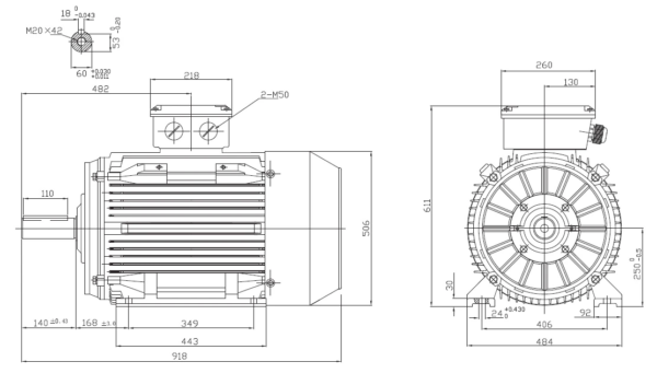 Dimensiuni motor electric trifazat 55kW 3000rpm Ax 60mm IEC 250 B3
