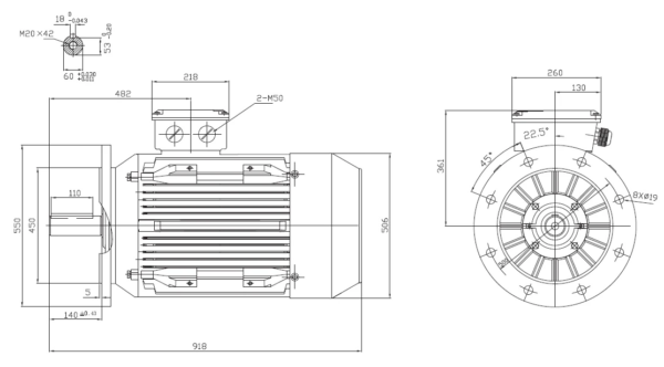 Dimensiuni motor electric trifazat 55kW 3000rpm Ax 60mm IEC 250 B5