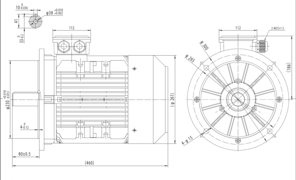 Dimensiuni motor electric trifazat 7.5kW 1400rpm Ax 38mm IEC 132 B5