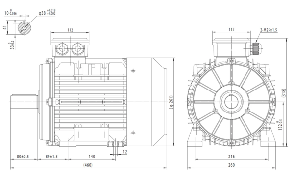 Dimensiuni motor electric trifazat 7.5kW 3000rpm Ax 38mm IEC 132 B3