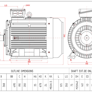 Dimensiuni motor electric trifazat 75kW 1400rpm Ax 75mm IEC 280 B3