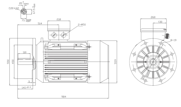 Dimensiuni motor electric trifazat 75kW 1400rpm Ax 75mm IEC 280 B5