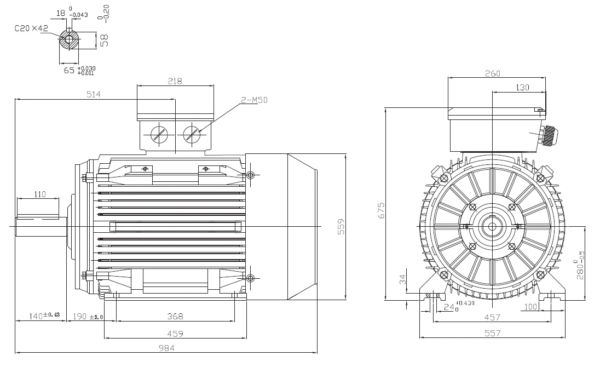 Dimensiuni motor electric trifazat 75kW 3000rpm Ax 65mm IEC 200 B3